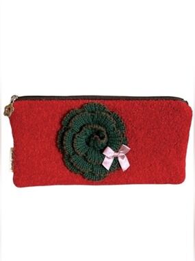 Pink Story Felted Wool Clutch Pouch in Burnt Orange with Knit Flower Accent